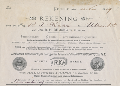 711337 Kop van een nota van Joh. R.H. de Jong, Steenkolen, Cokes en Steenkoolbriquetten, adres onbekend, voor de ...